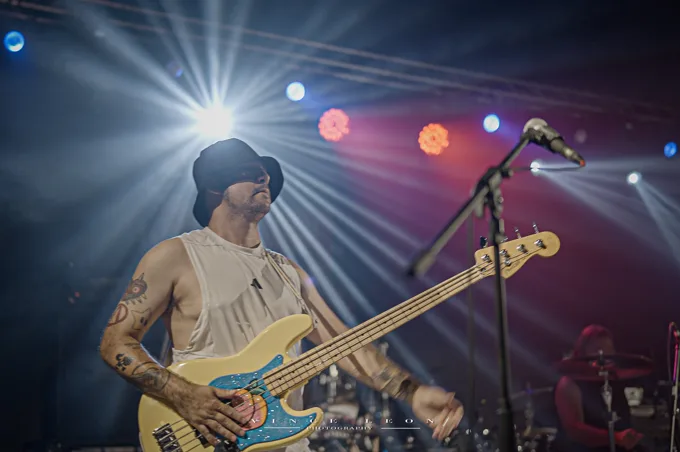 Bassist playing under multicolored stage lights
